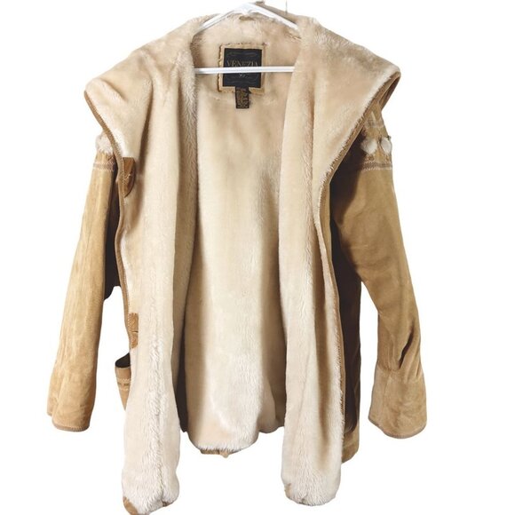 Venezia Leathers Womens Genuine Leather Suede Coat Sherpa Lined Hooded Sz 14/16 - Picture 3 of 12